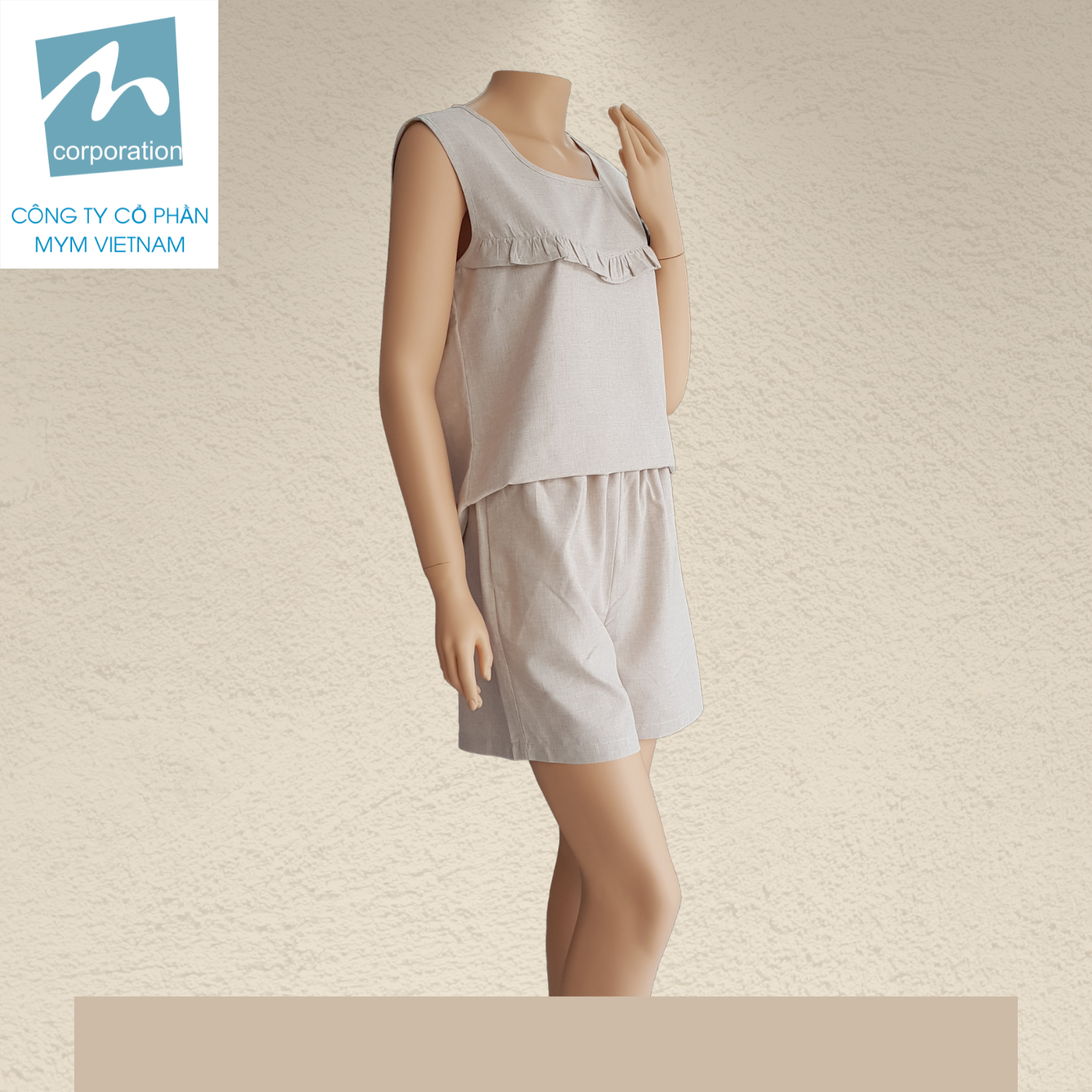 Bộ Short Nữ Bèo Ngực Lanh Poly - Kem Bộ Short Nữ Bèo Ngực Màu Kem