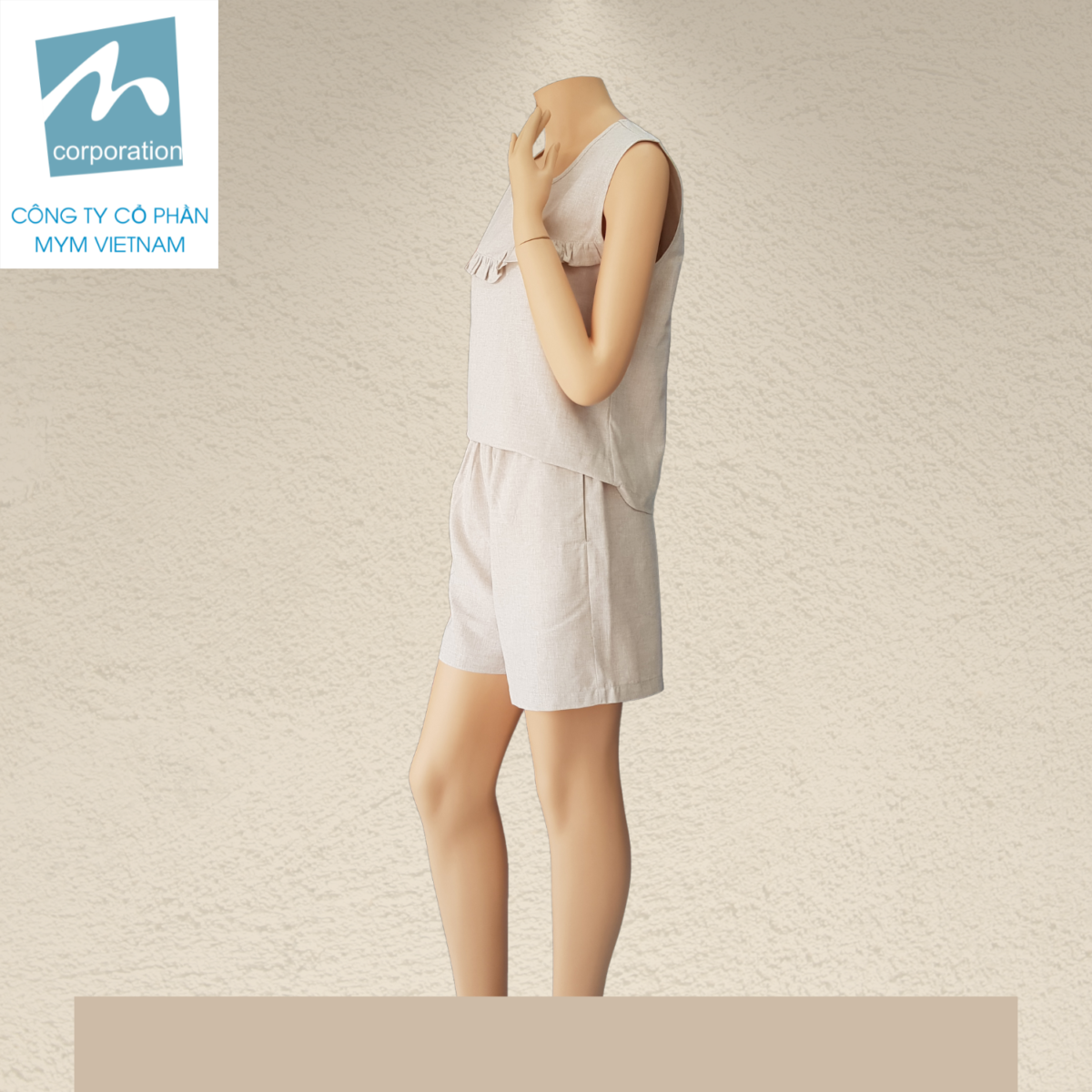 Bộ Short Nữ Bèo Ngực Lanh Poly - Kem Bộ Short Nữ Bèo Ngực Màu Kem
