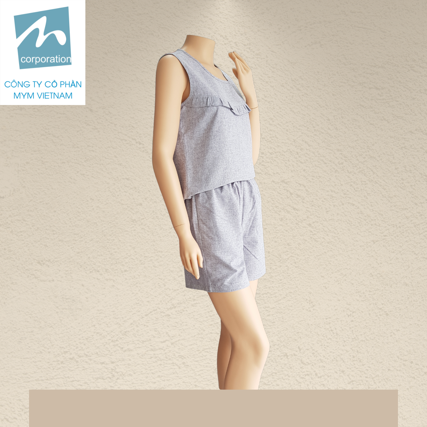 Bộ Short Nữ Bèo Ngực Lanh Poly - Xám Bộ Short Nữ Bèo Ngực Màu Xám