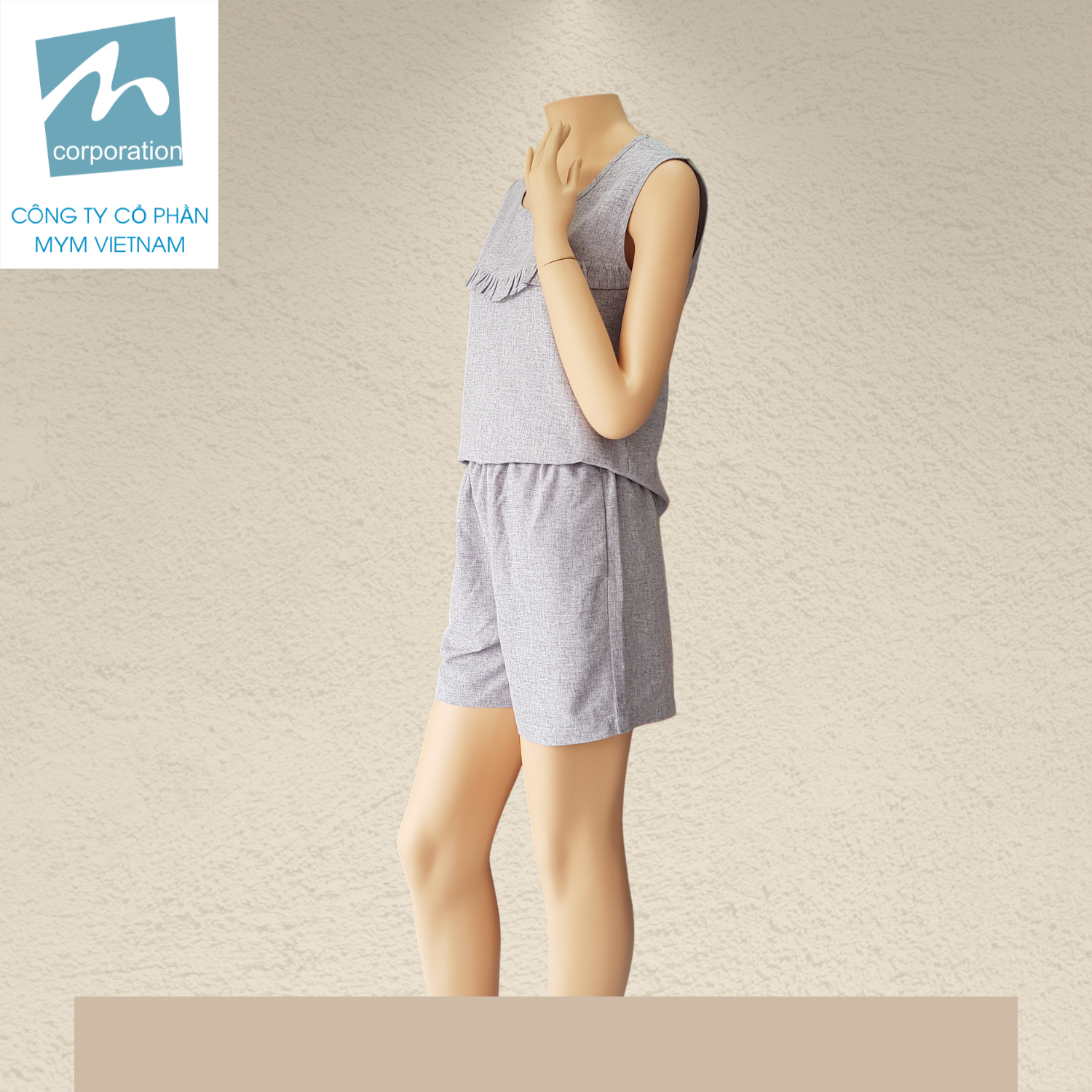 Bộ Short Nữ Bèo Ngực Lanh Poly - Xám Bộ Short Nữ Bèo Ngực Màu Xám