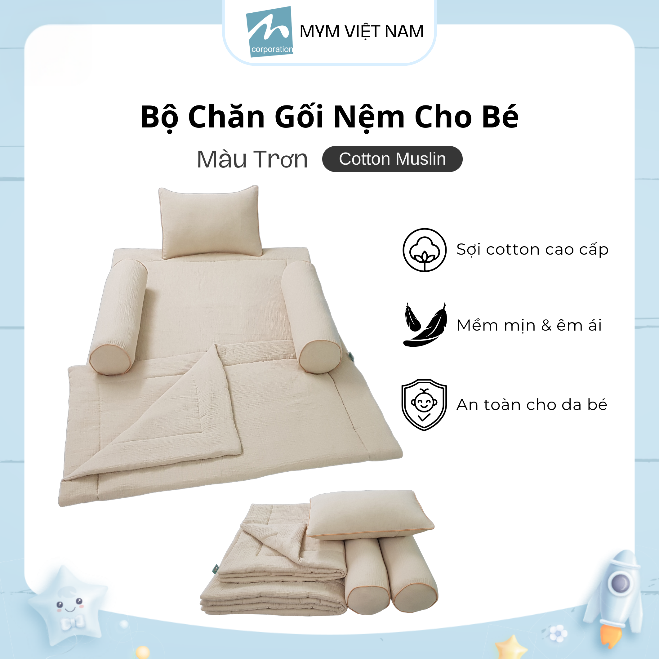 Bộ Chăn Gối Cho Bé Cotton Muslin Mẫu 2